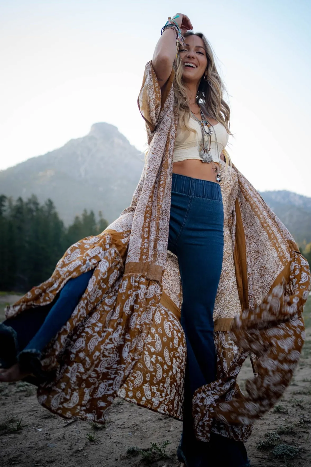 Paisley Tapestry Free Flow Duster Kimono - Brown