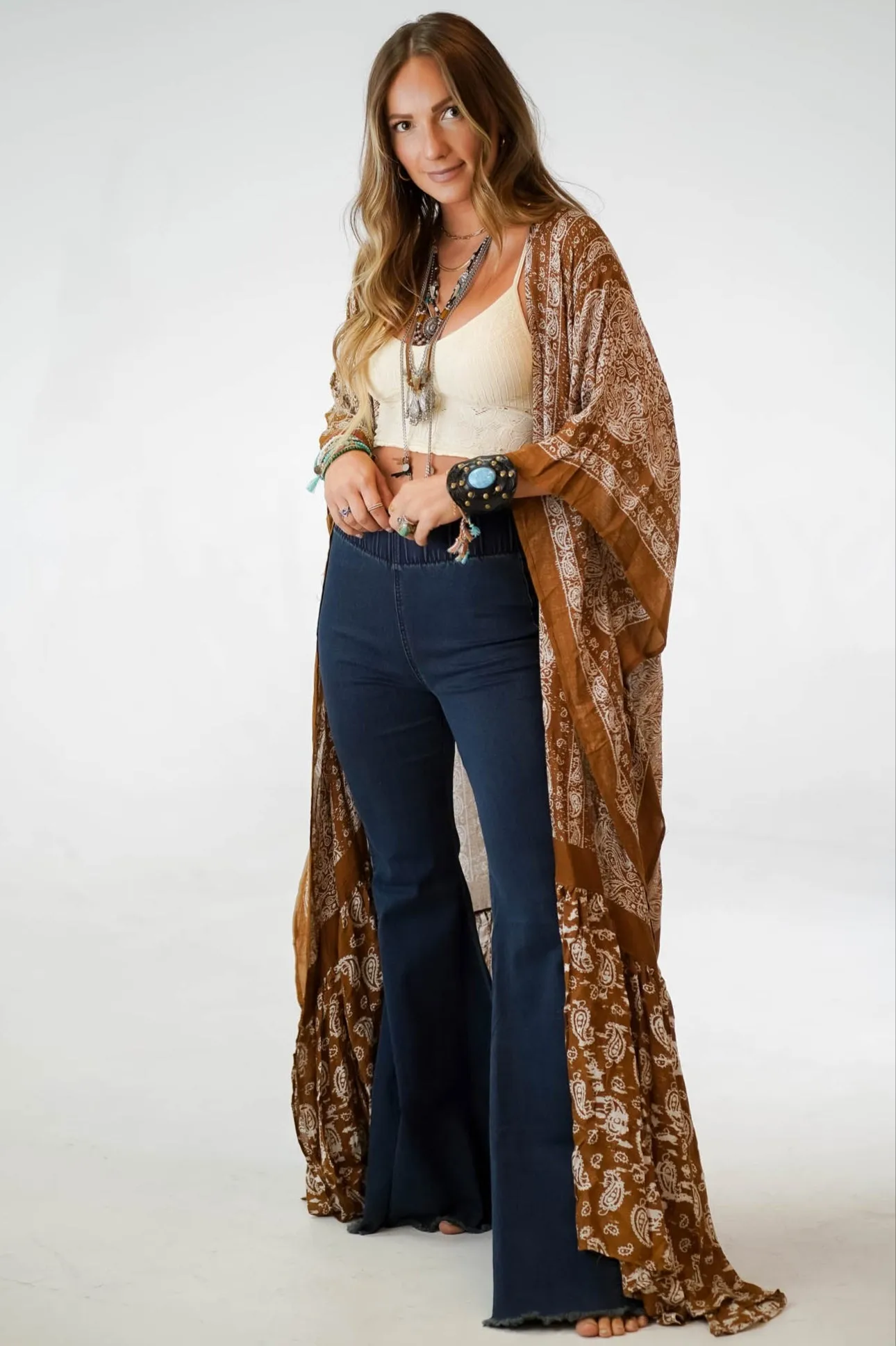 Paisley Tapestry Free Flow Duster Kimono - Brown