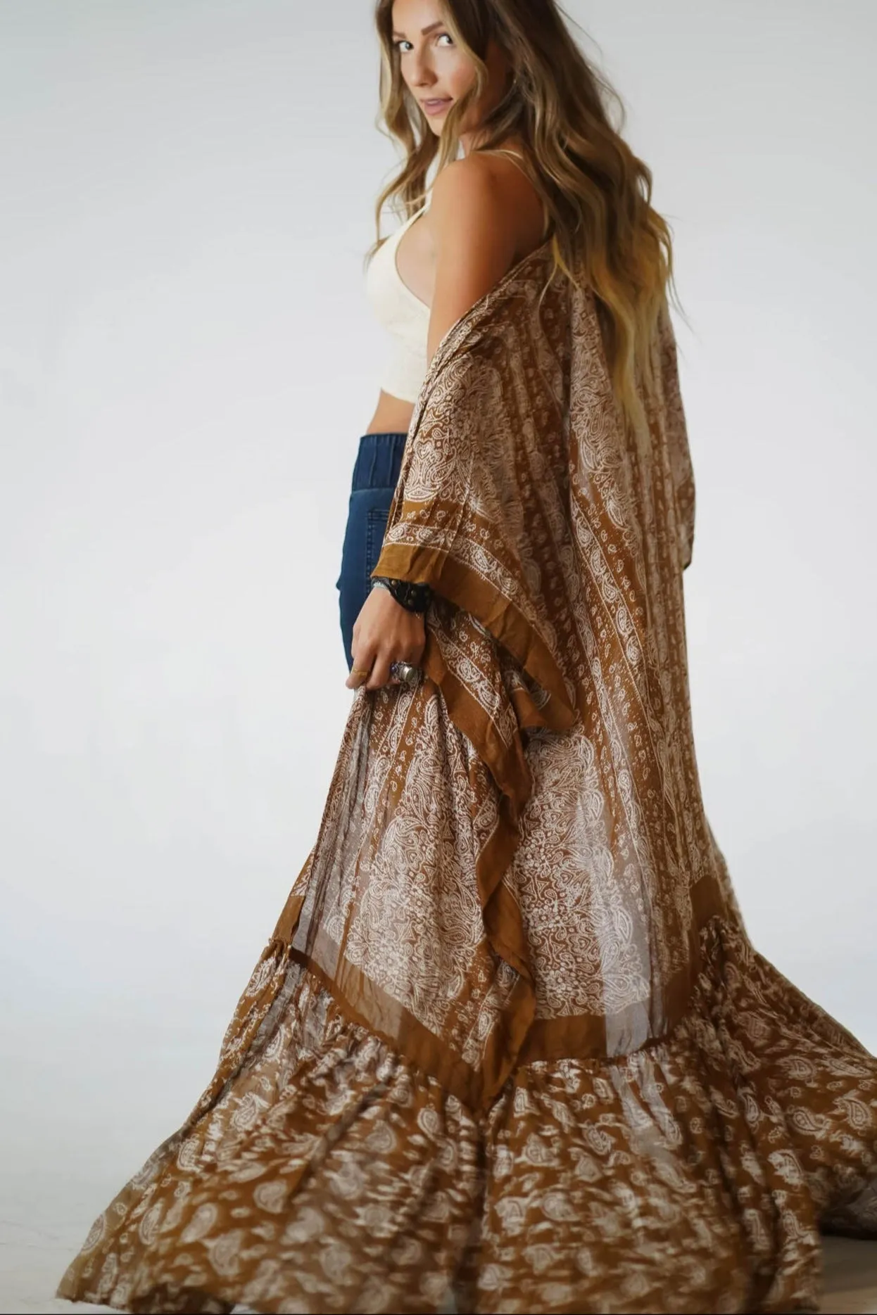 Paisley Tapestry Free Flow Duster Kimono - Brown