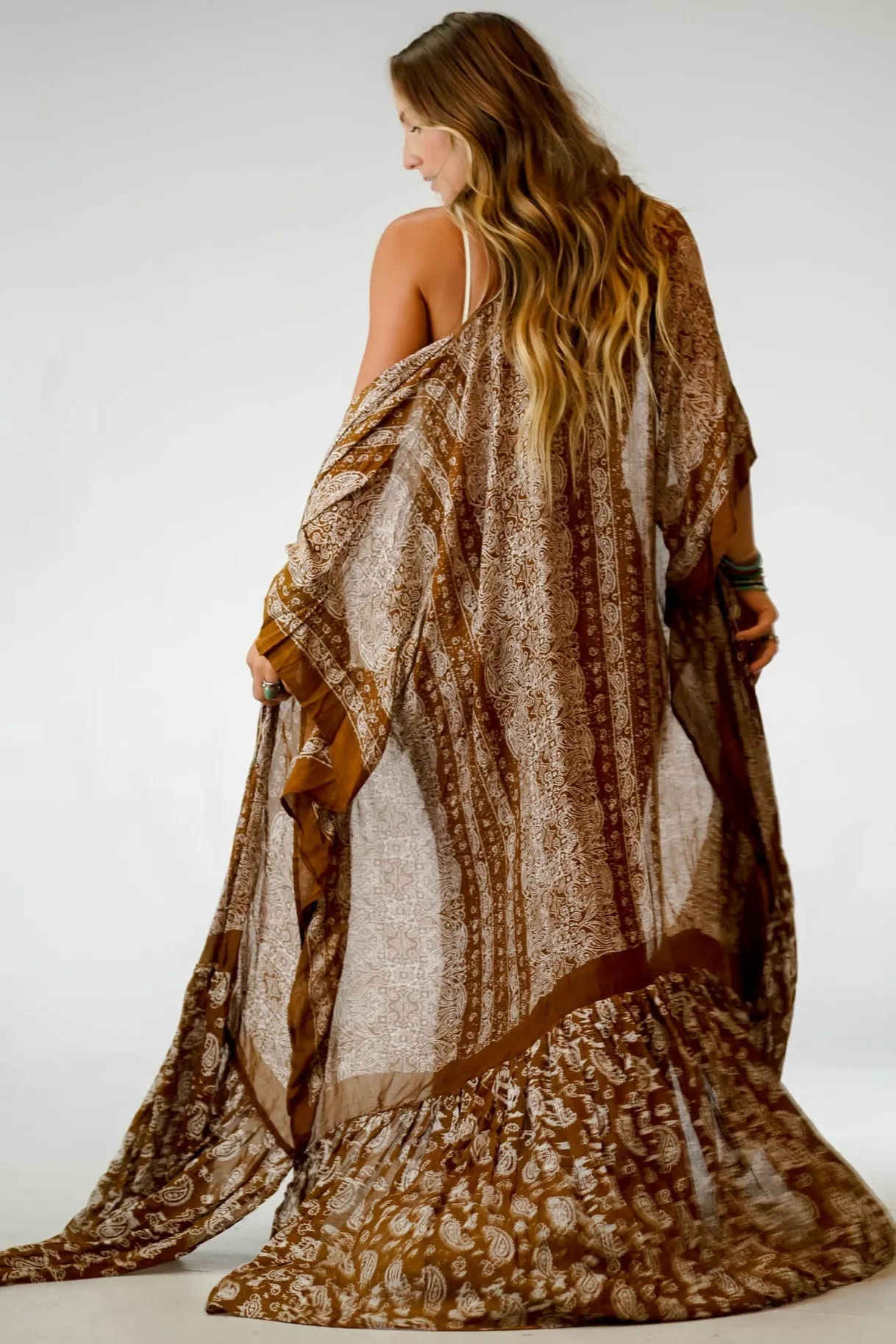 Paisley Tapestry Free Flow Duster Kimono - Brown