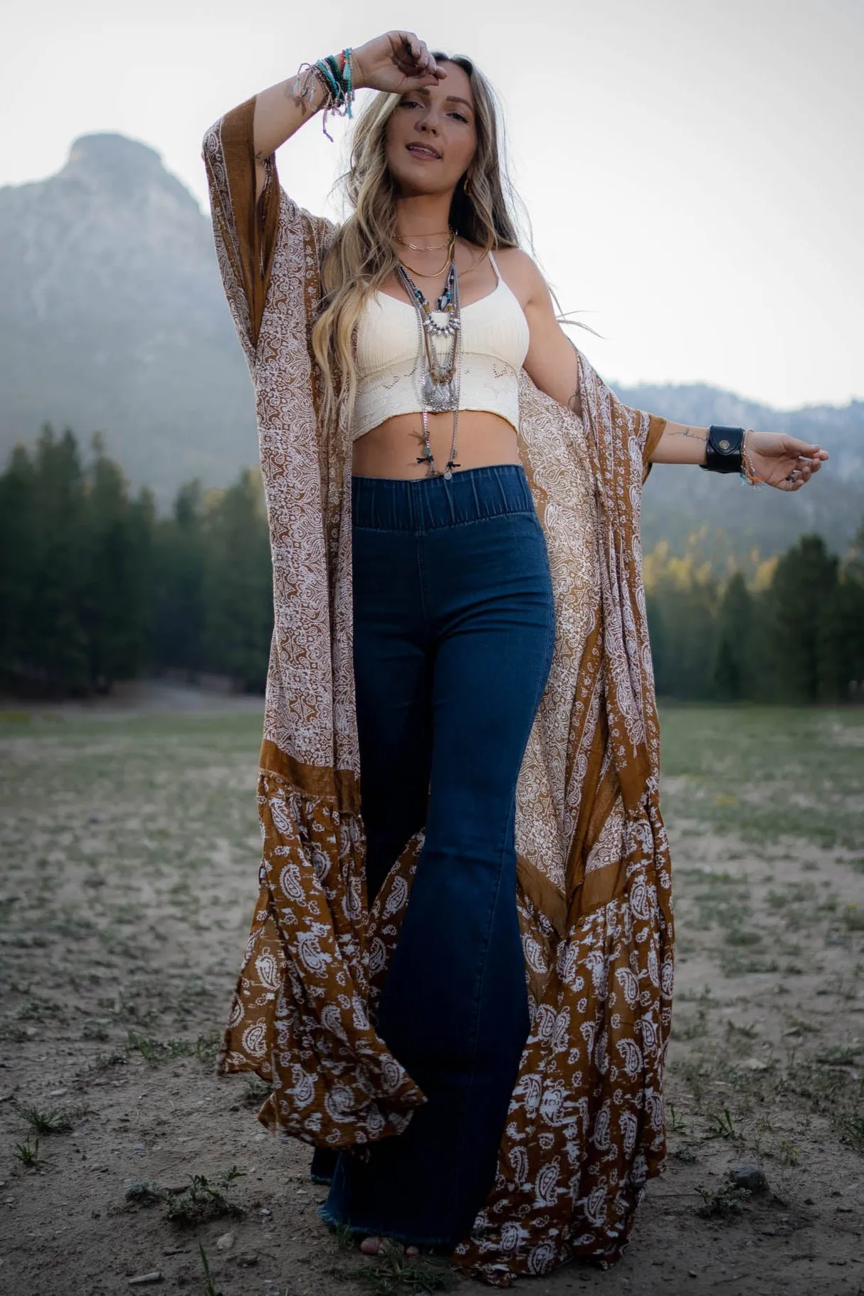 Paisley Tapestry Free Flow Duster Kimono - Brown