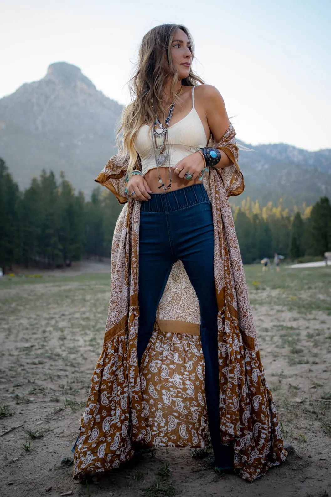 Paisley Tapestry Free Flow Duster Kimono - Brown