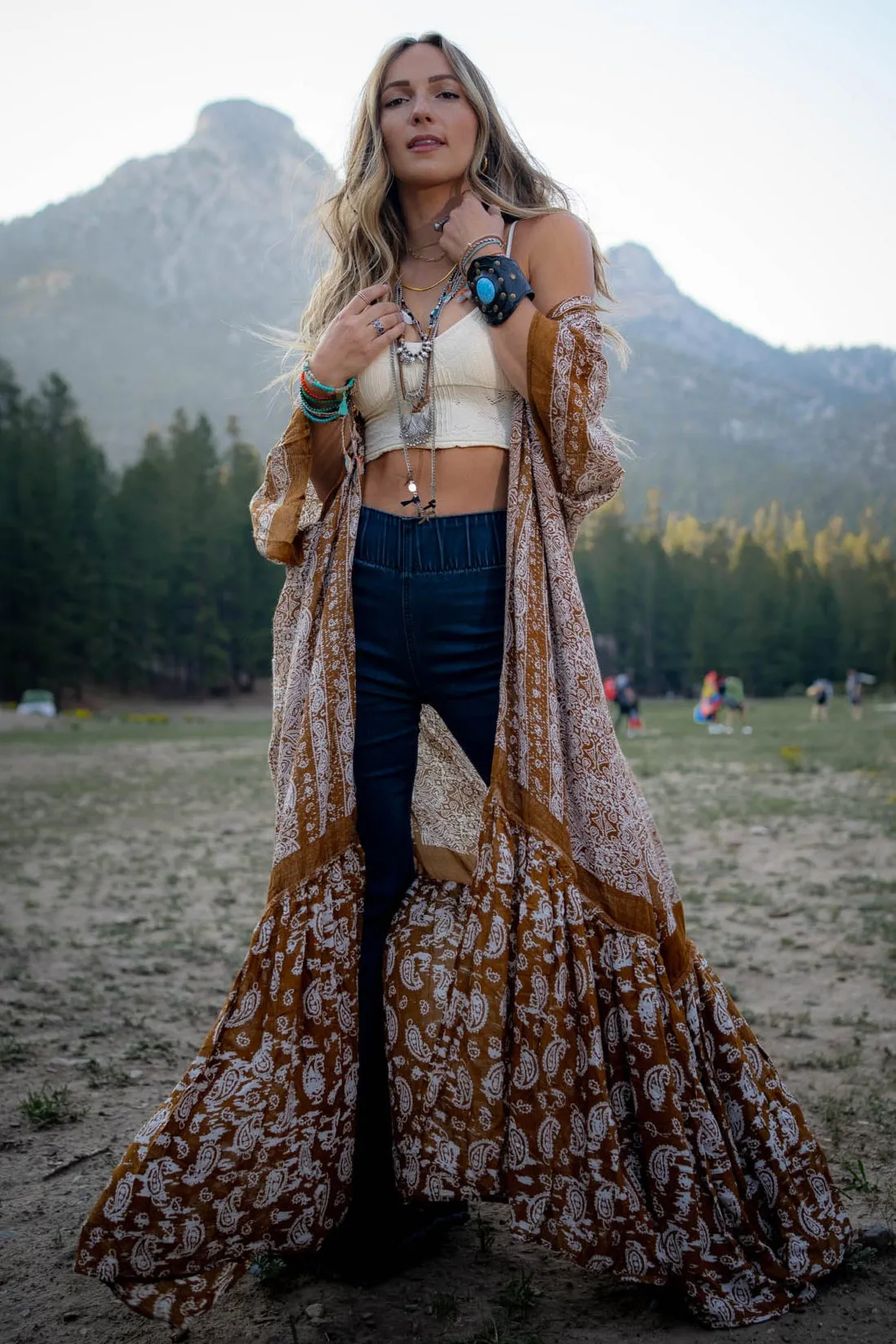 Paisley Tapestry Free Flow Duster Kimono - Brown