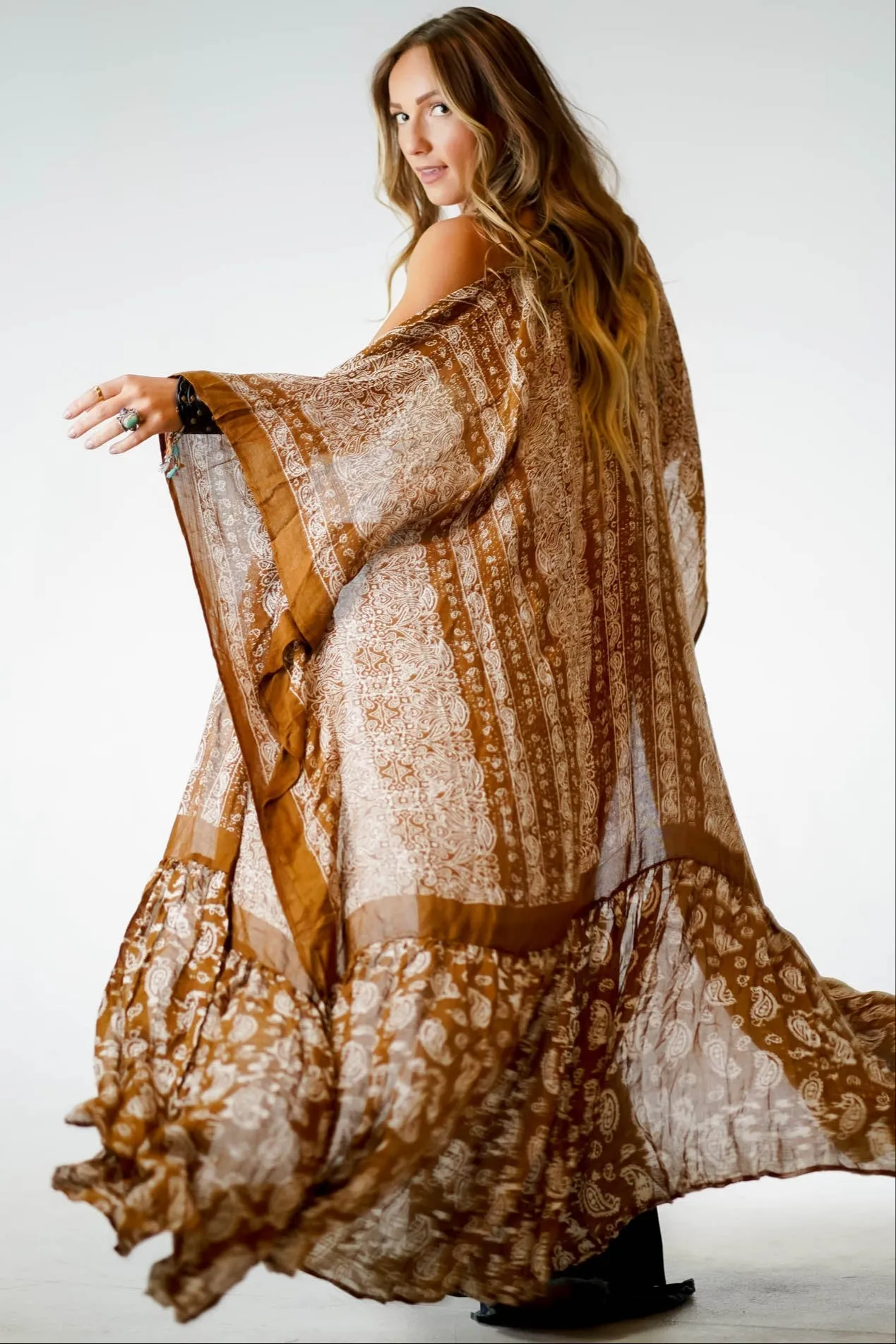 Paisley Tapestry Free Flow Duster Kimono - Brown