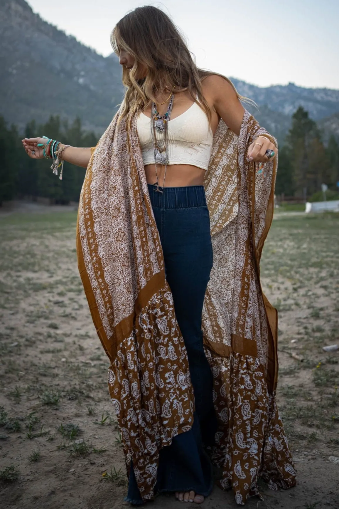 Paisley Tapestry Free Flow Duster Kimono - Brown