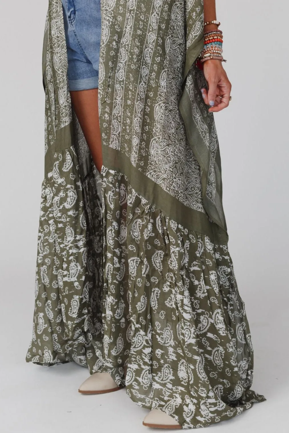 Paisley Tapestry Free Flow Duster Kimono - Olive
