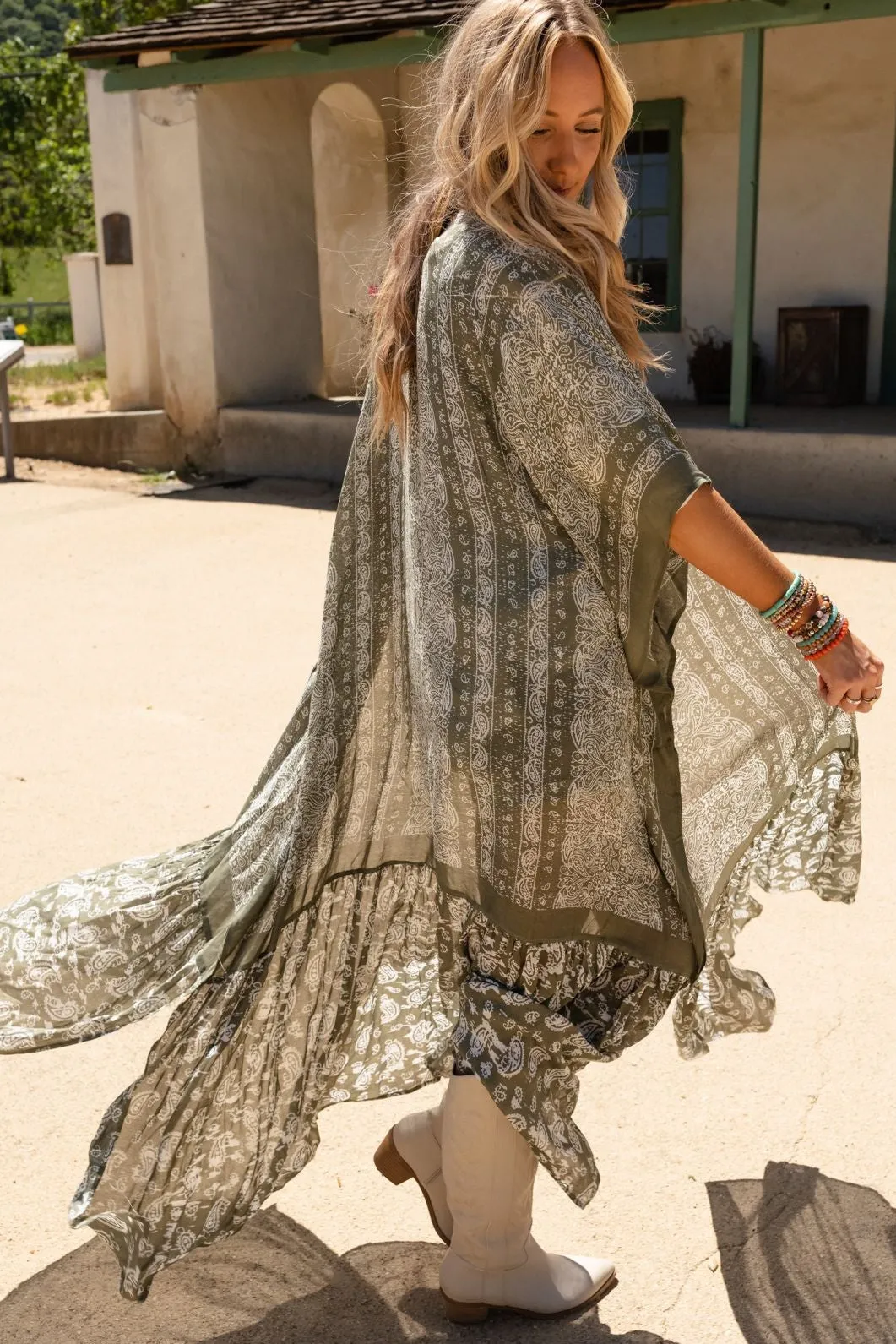 Paisley Tapestry Free Flow Duster Kimono - Olive