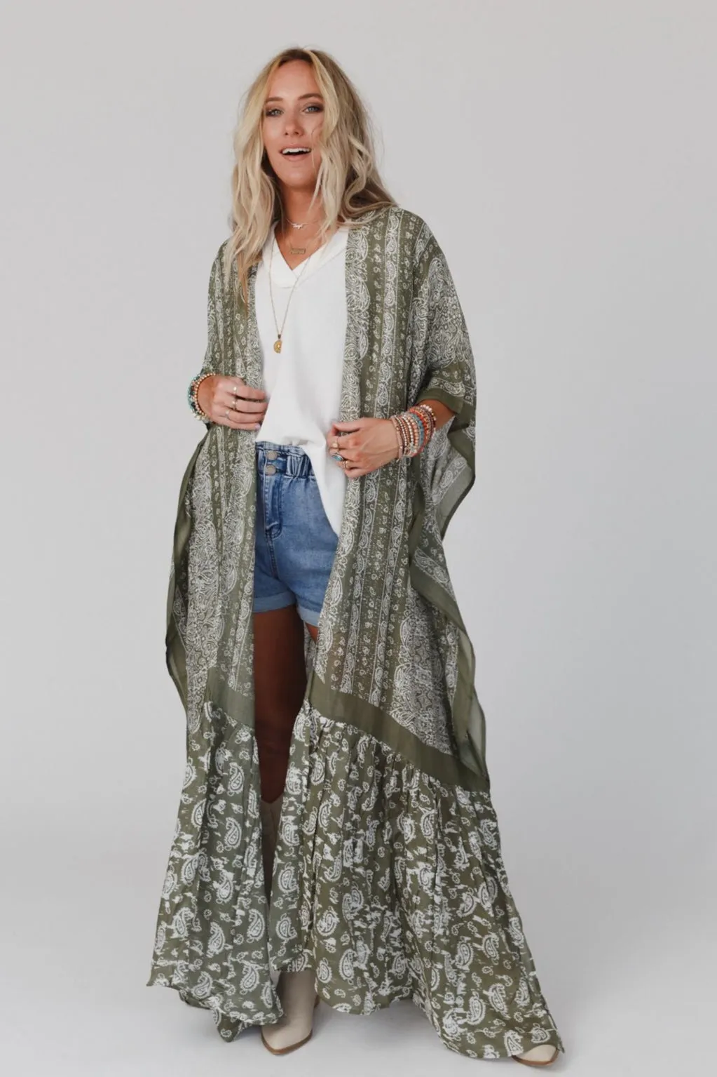 Paisley Tapestry Free Flow Duster Kimono - Olive
