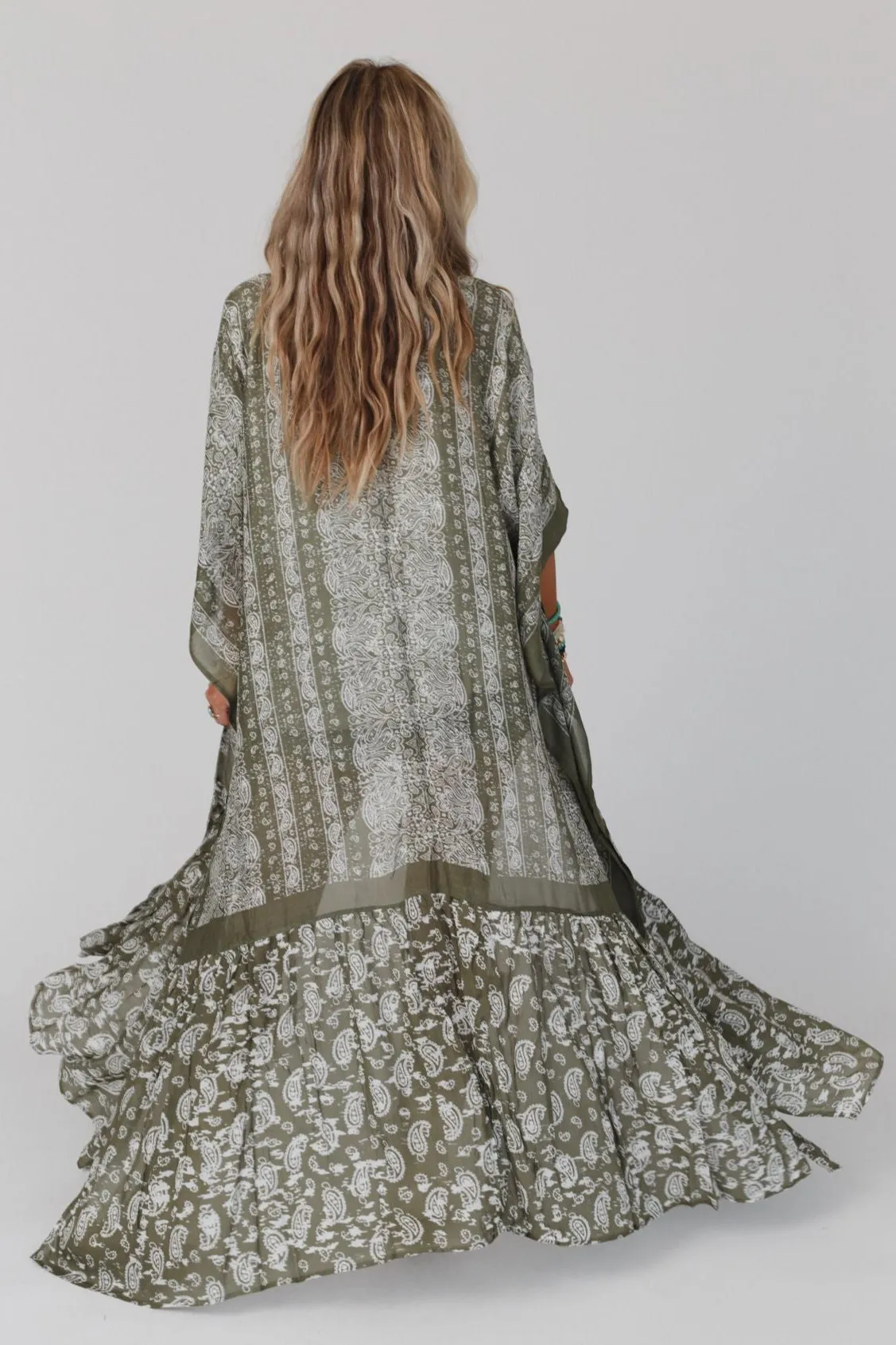 Paisley Tapestry Free Flow Duster Kimono - Olive