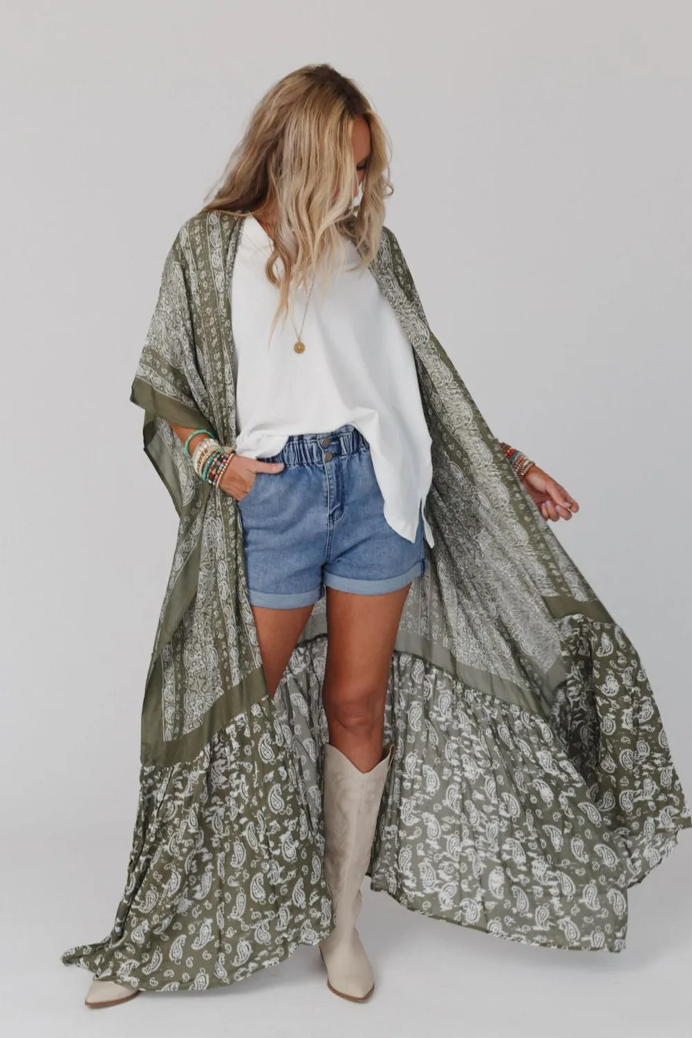 Paisley Tapestry Free Flow Duster Kimono - Olive