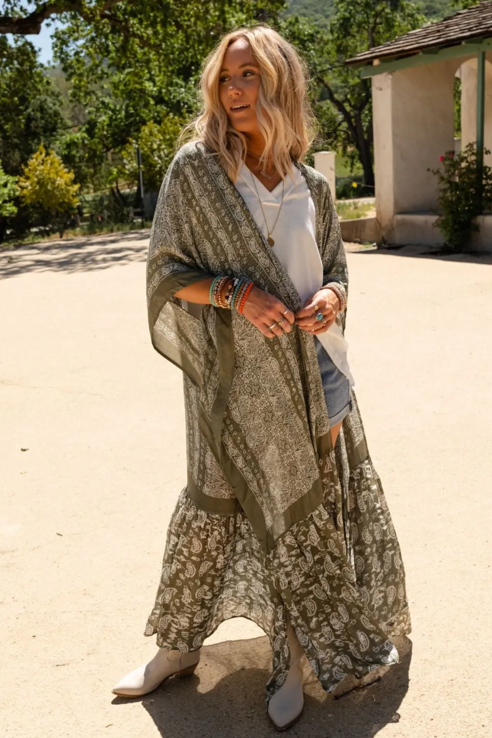 Paisley Tapestry Free Flow Duster Kimono - Olive