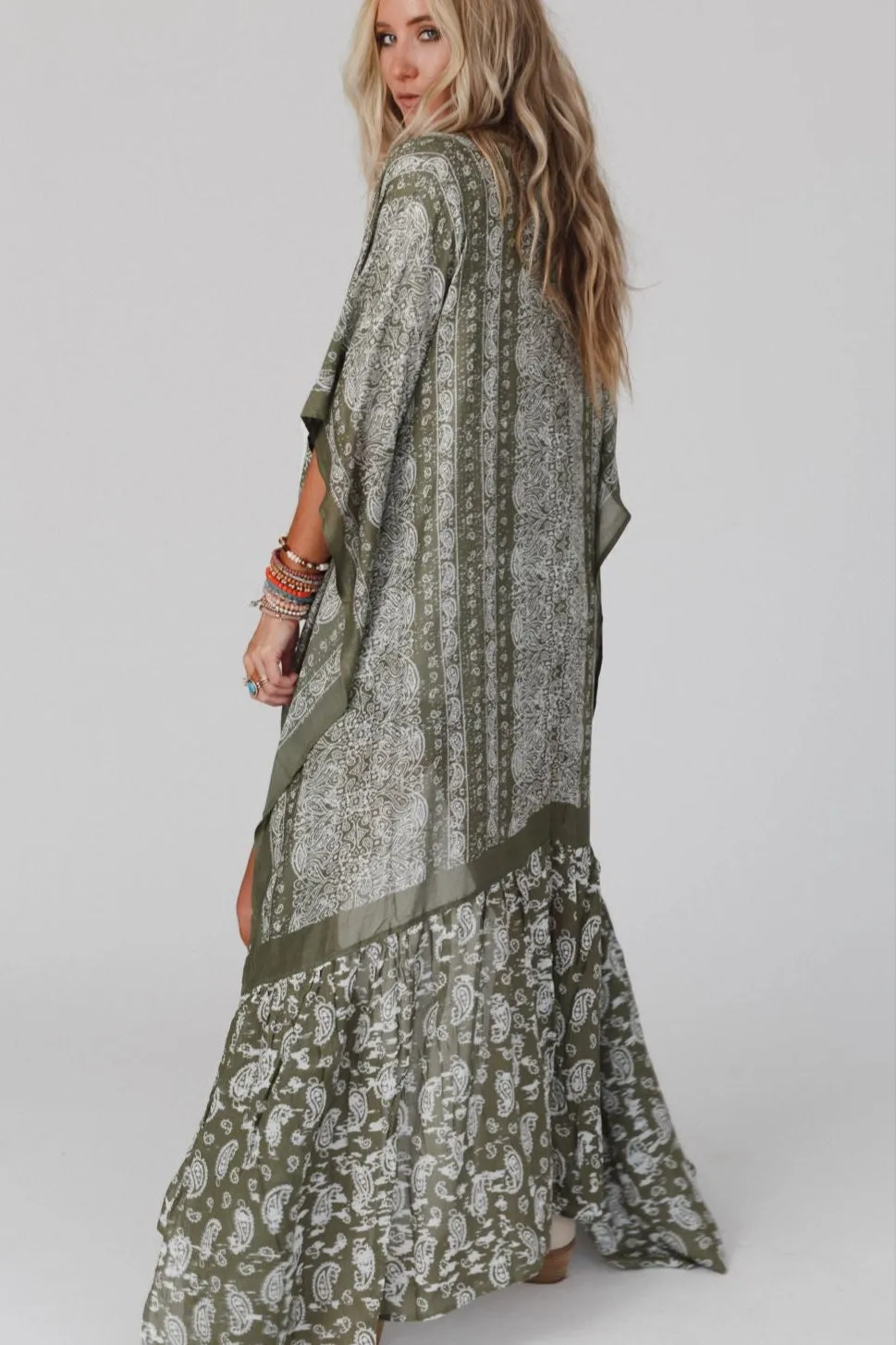 Paisley Tapestry Free Flow Duster Kimono - Olive