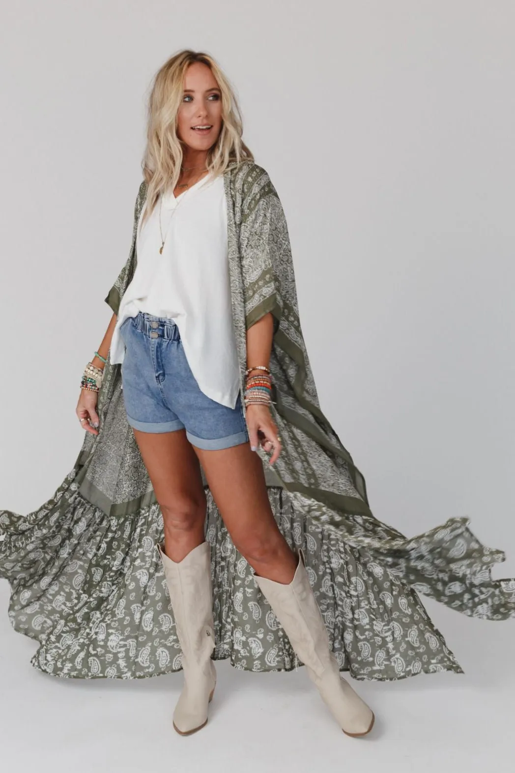 Paisley Tapestry Free Flow Duster Kimono - Olive