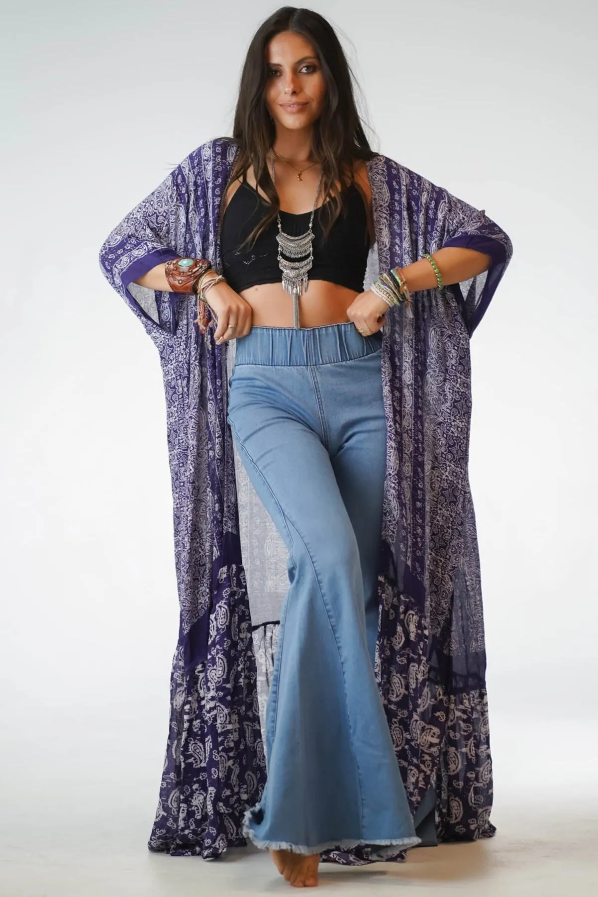 Paisley Tapestry Free Flow Duster Kimono - Purple