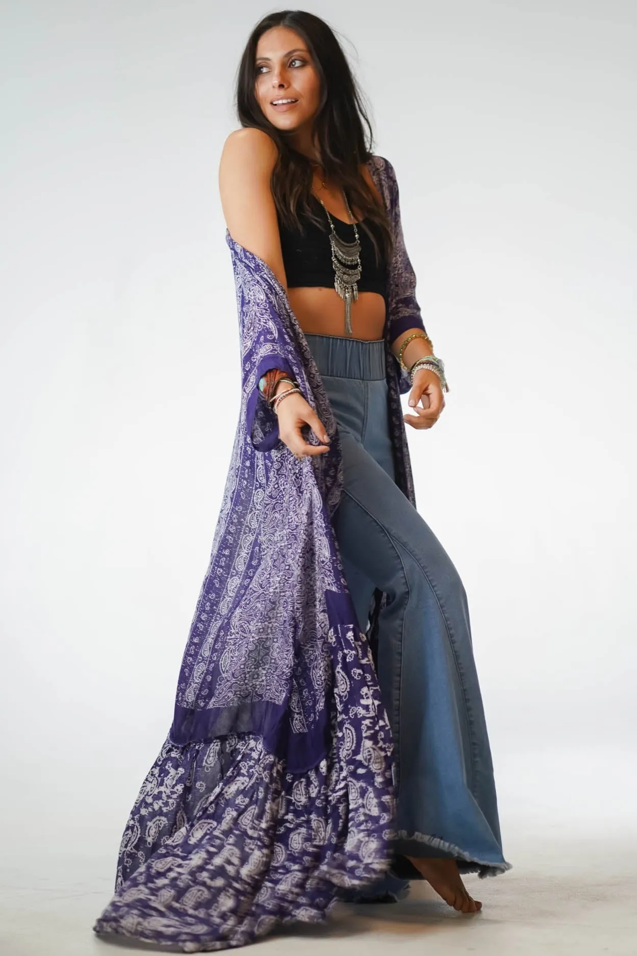 Paisley Tapestry Free Flow Duster Kimono - Purple