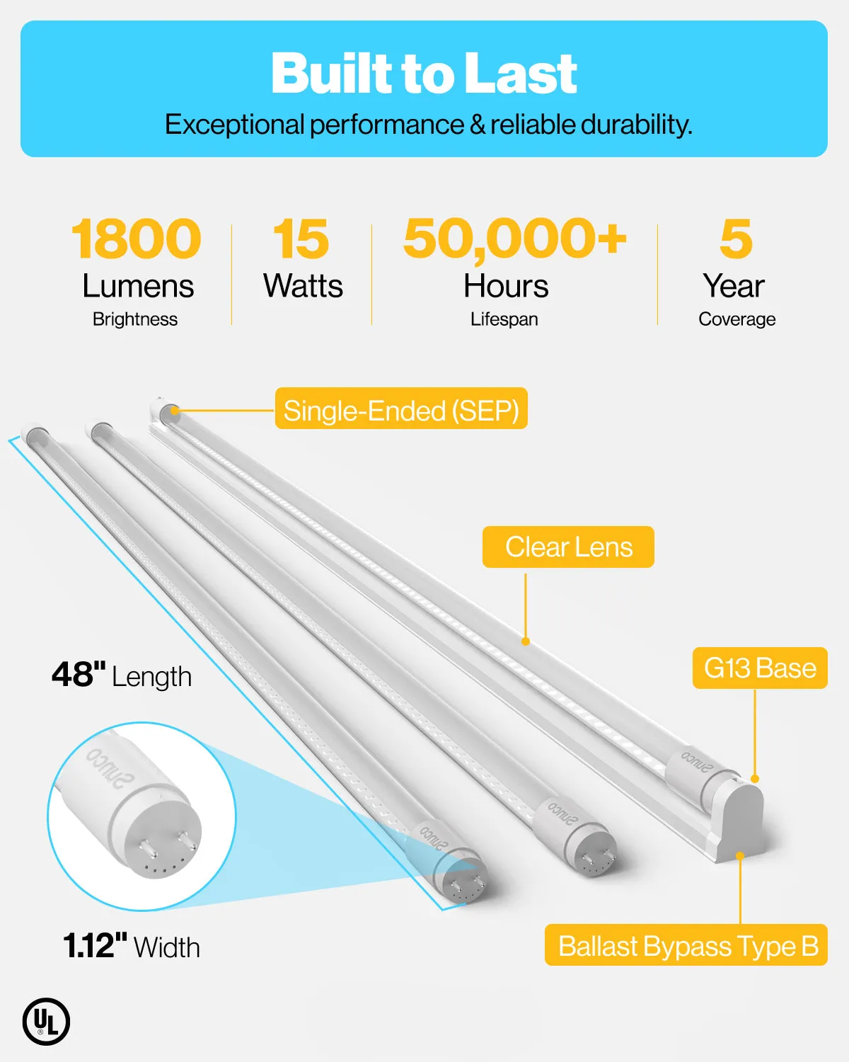 T8 LED Tube, 4ft, Clear, Bypass, Type B, 15W, Single/Double Ended, 1800 Lumens