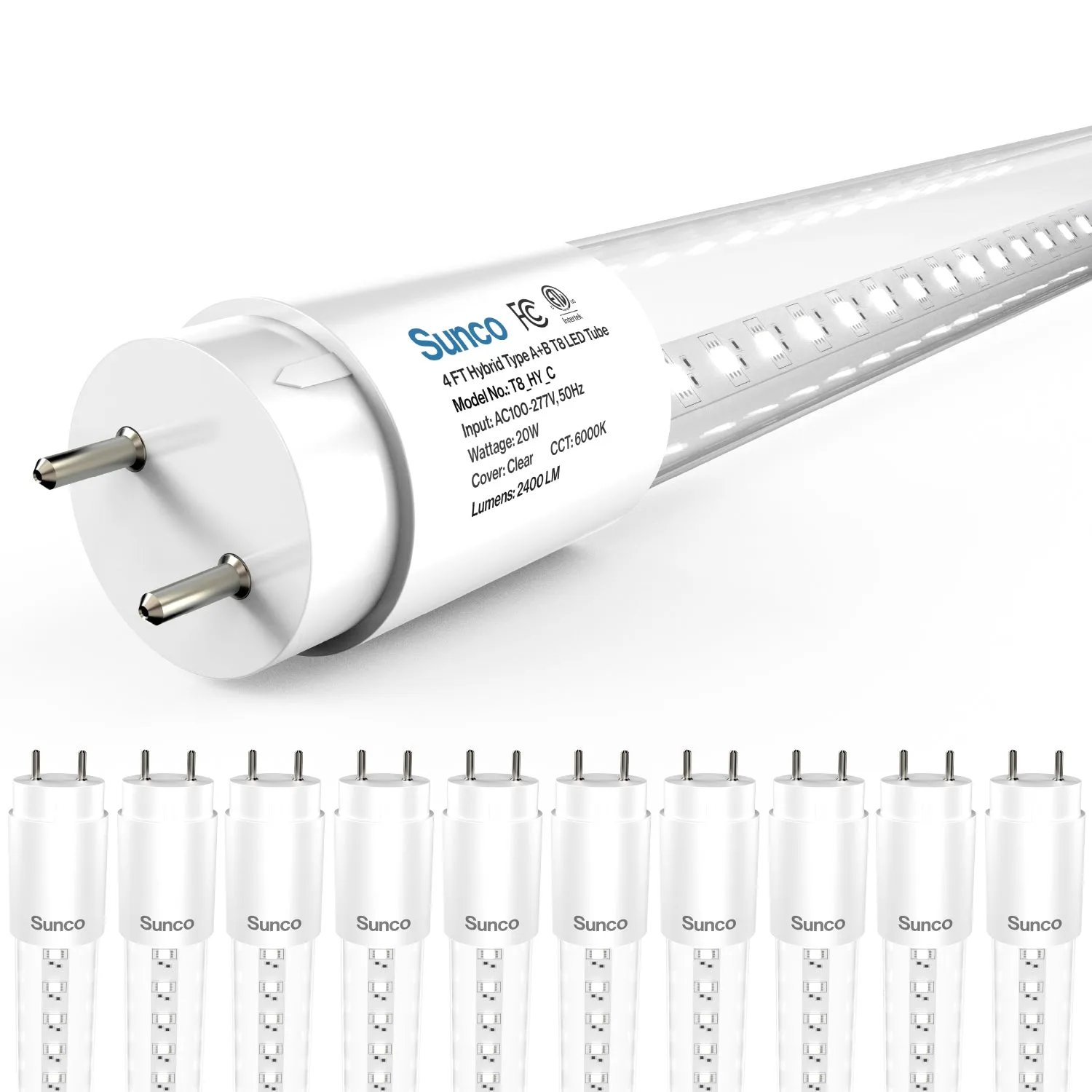 T8 LED Tube, 4ft, Clear, Plug & Play, Hybrid Type A B, Single/Double Ended, 20W, 2400 Lumens