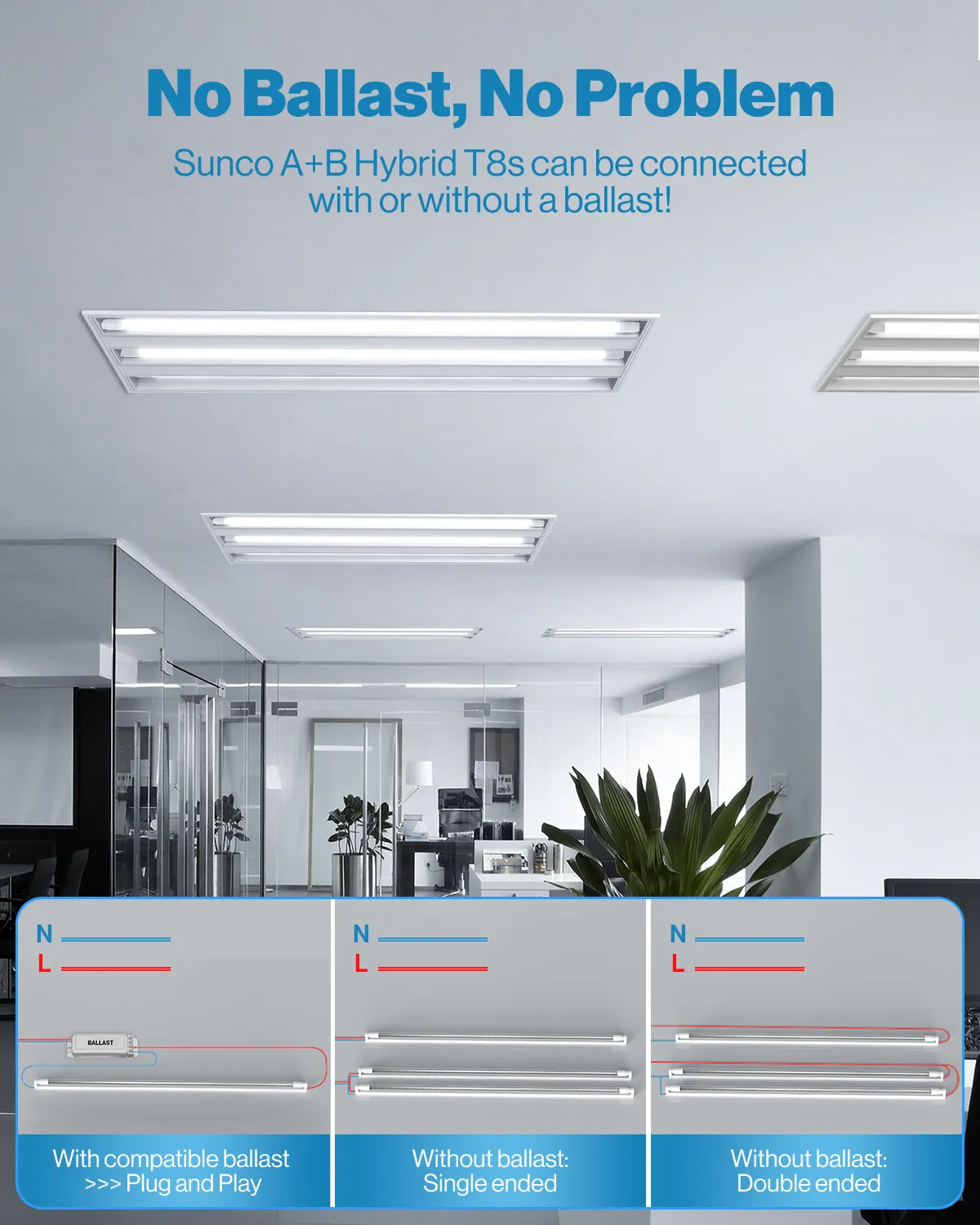 T8 LED Tube, 4ft, Clear, Plug & Play, Hybrid Type A B, Single/Double Ended, 20W, 2400 Lumens