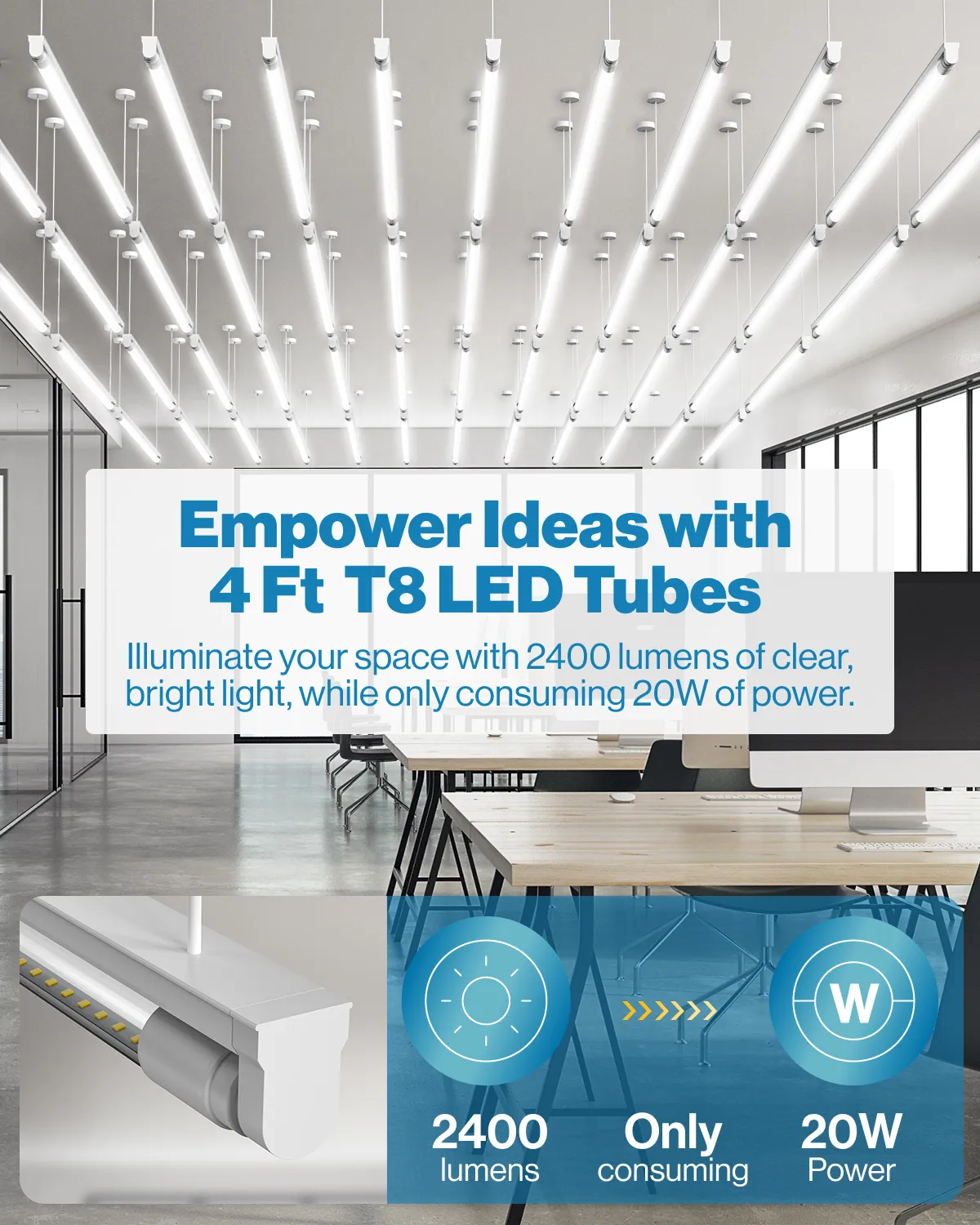 T8 LED Tube, 4ft, Clear, Plug & Play, Hybrid Type A B, Single/Double Ended, 20W, 2400 Lumens