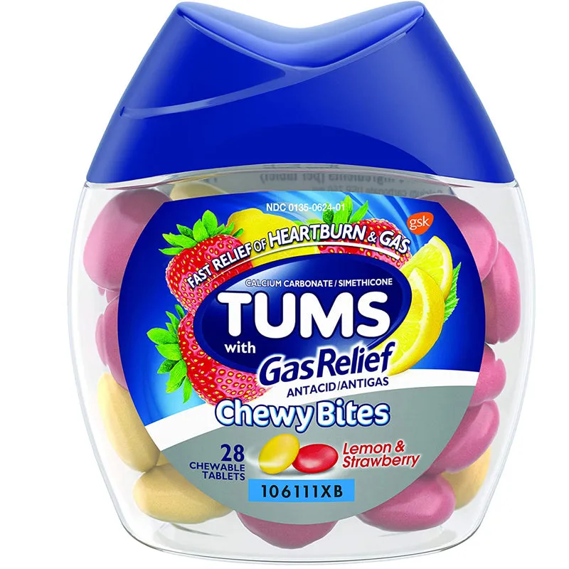 TUMS Antacid Chewy Bites Gas Relief, Lemon & Strawberry, 28 Count