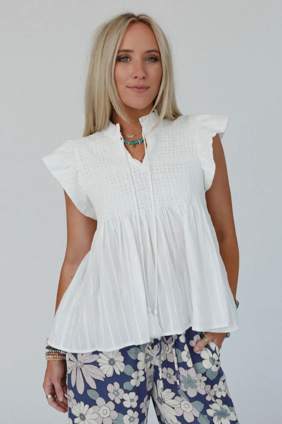 Valeria Flutter Sleeve Top - White