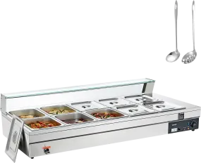 Vevor Food Warmer 10-Pan with Glass Shield 1800W Electric Steam Table 86°F-185°F Temperature New