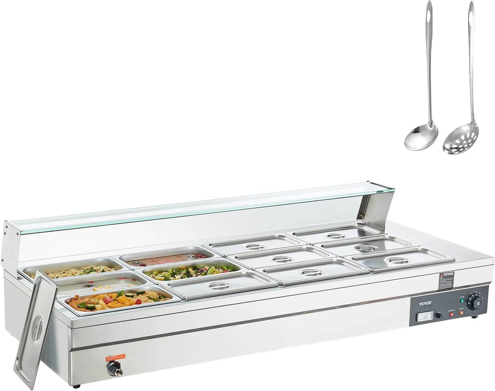 Vevor Food Warmer 12-Pan with Glass Shield 1800W Electric Steam Table 86°F-185°F Temperature New