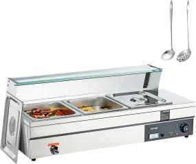 Vevor Food Warmer 3-Pan with Glass Shield 1500W Electric Steam Table 86°F-185°F Temperature New