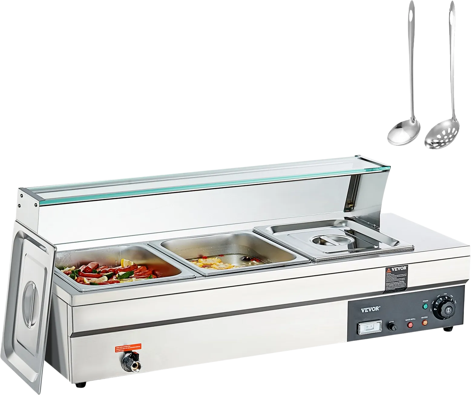 Vevor Food Warmer 3-Pan with Glass Shield 1500W Electric Steam Table 86°F-185°F Temperature New
