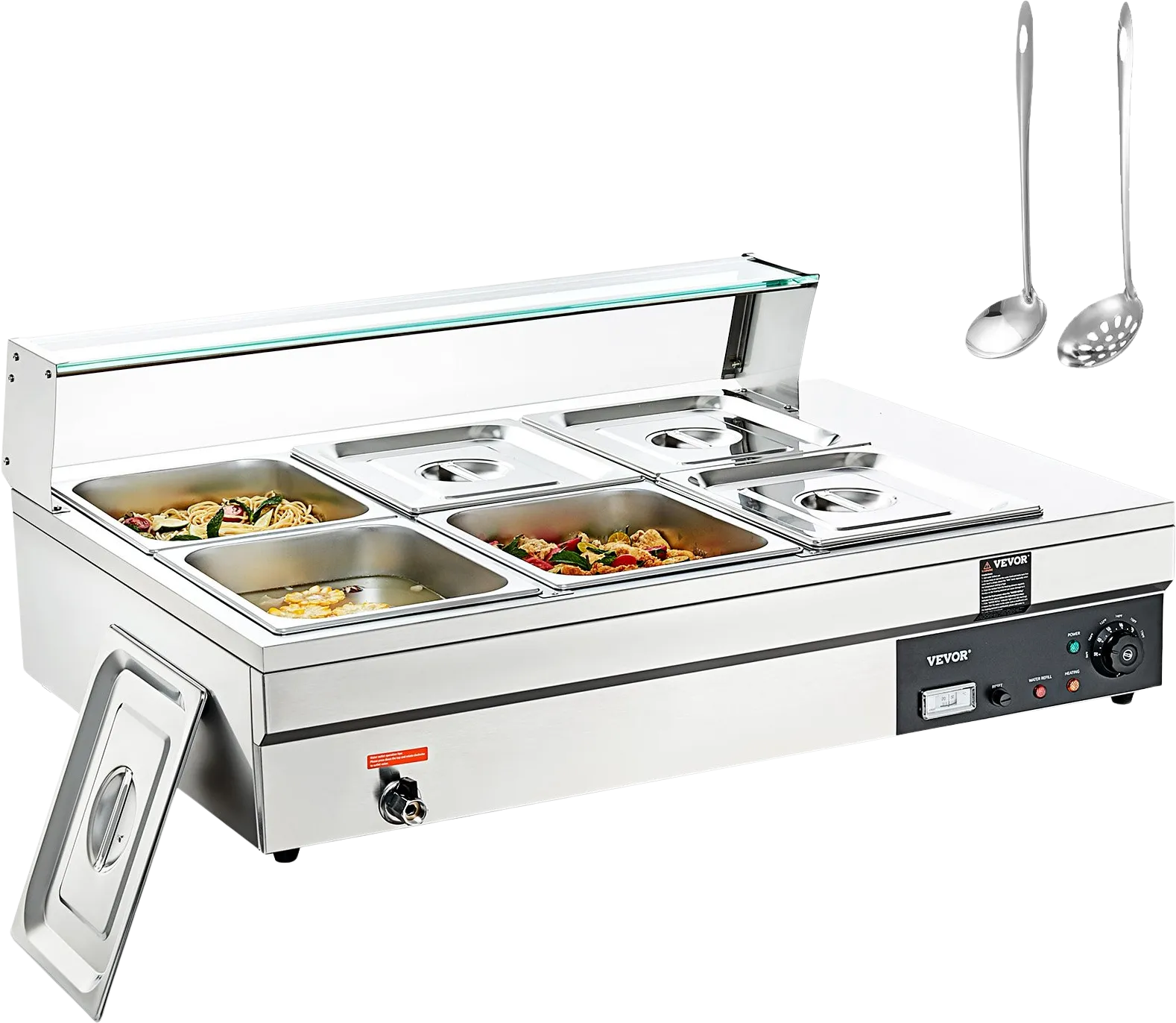 Vevor Food Warmer 6-Pan with Glass Shield 1500W Electric Steam Table 86°F-185°F Temperature New