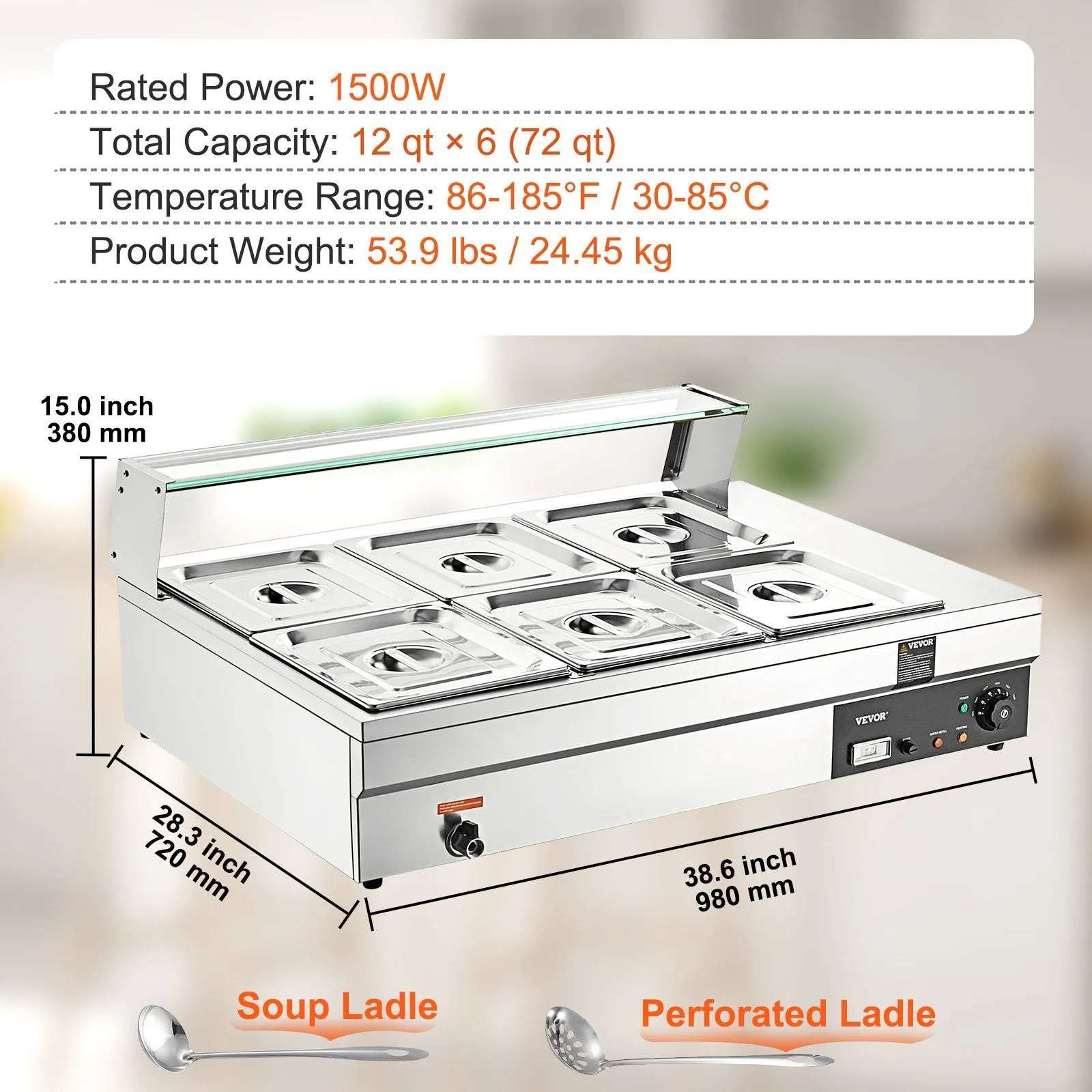 Vevor Food Warmer 6-Pan with Glass Shield 1500W Electric Steam Table 86°F-185°F Temperature New
