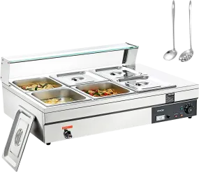 Vevor Food Warmer 6-Pan with Glass Shield 1500W Electric Steam Table 86°F-185°F Temperature New