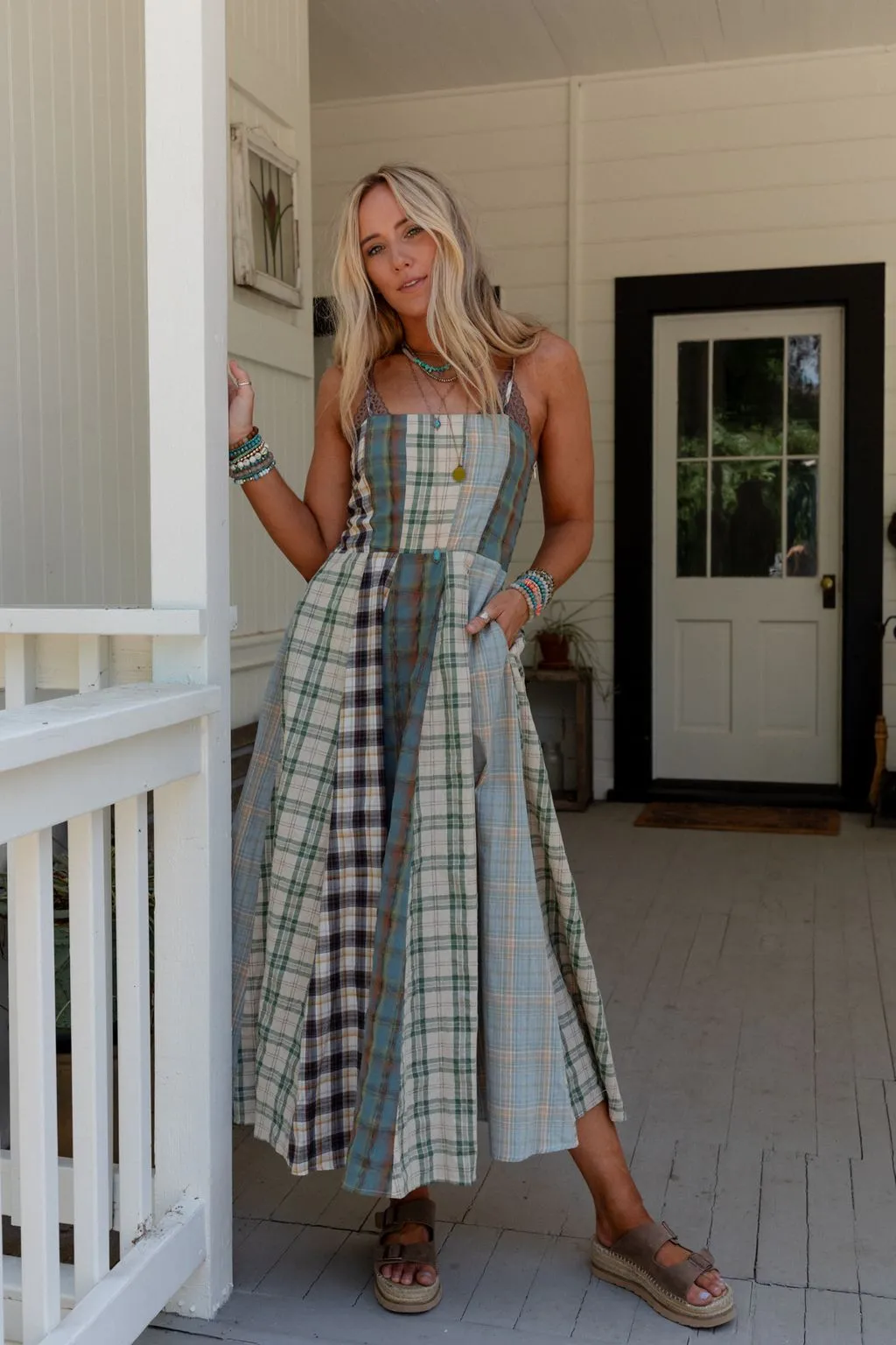 Western Charm Checkered Dress - Mint