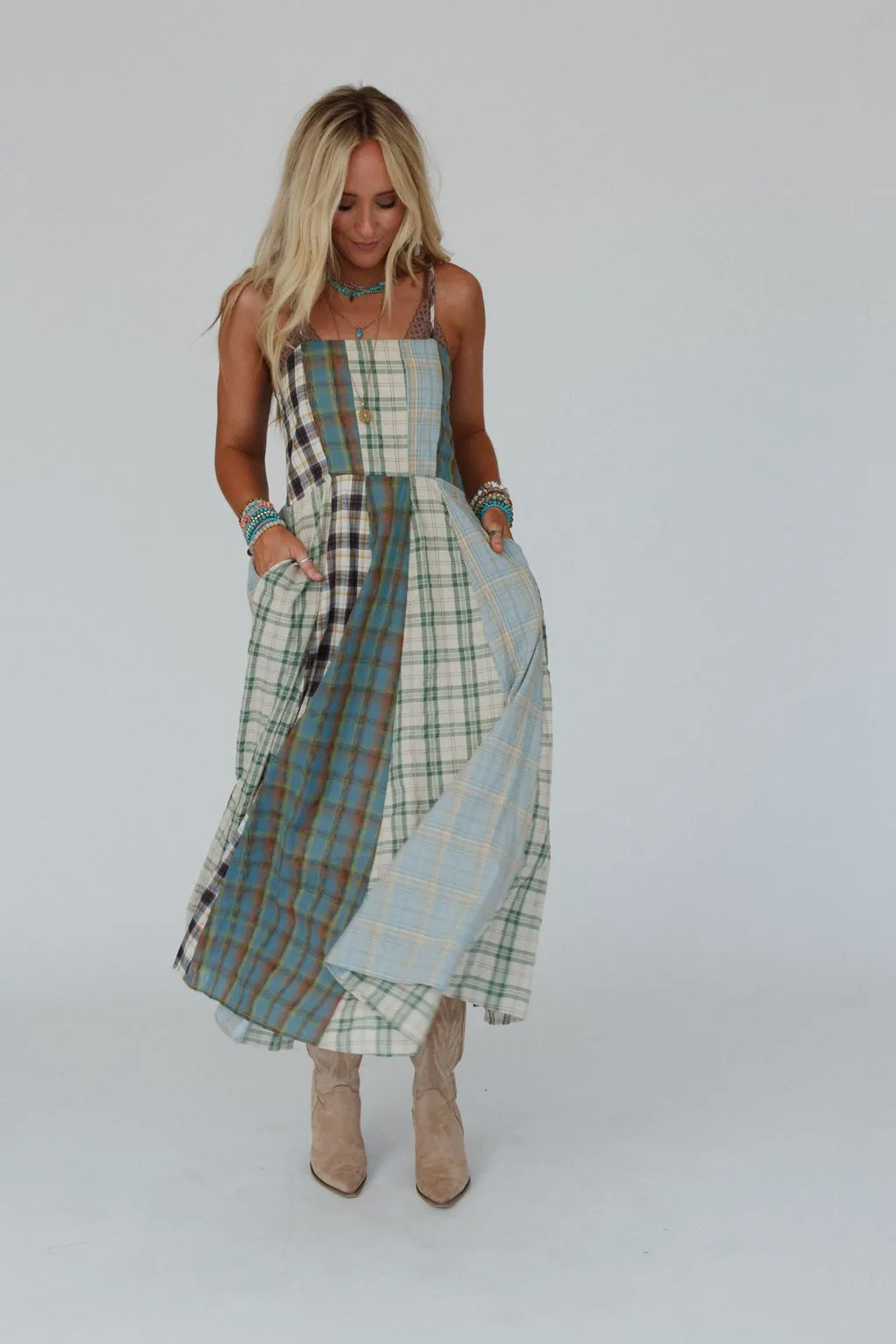 Western Charm Checkered Dress - Mint
