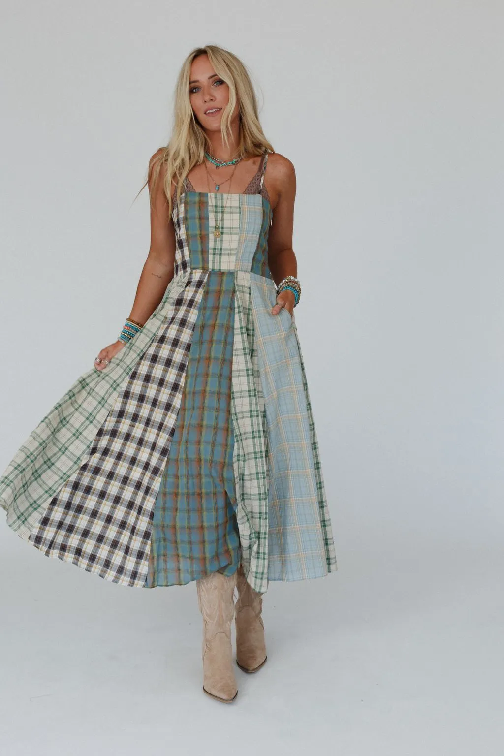 Western Charm Checkered Dress - Mint