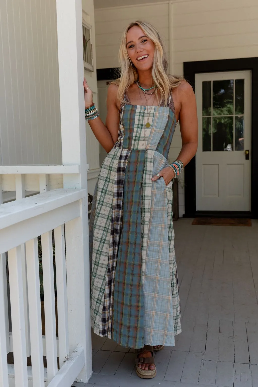Western Charm Checkered Dress - Mint