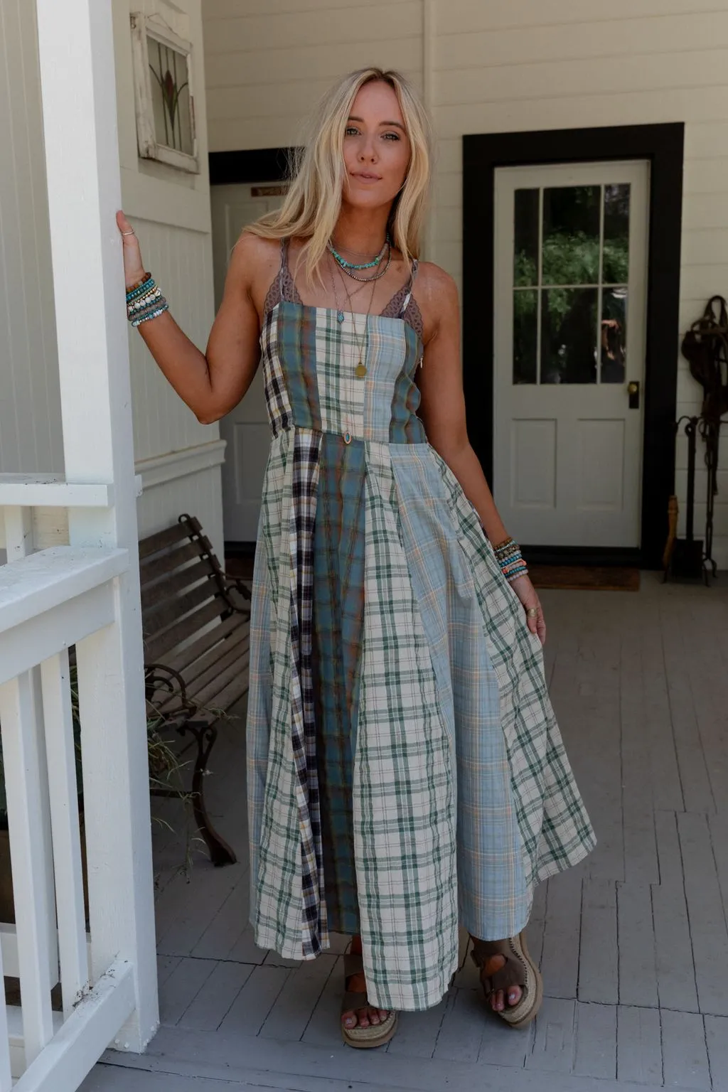 Western Charm Checkered Dress - Mint