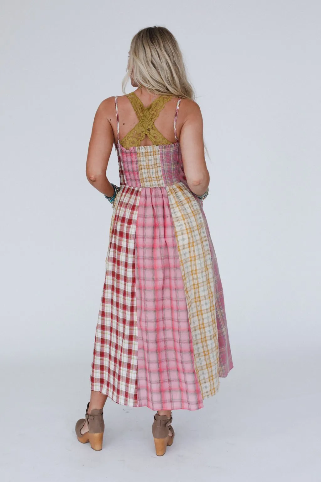 Western Charm Checkered Dress - Pink