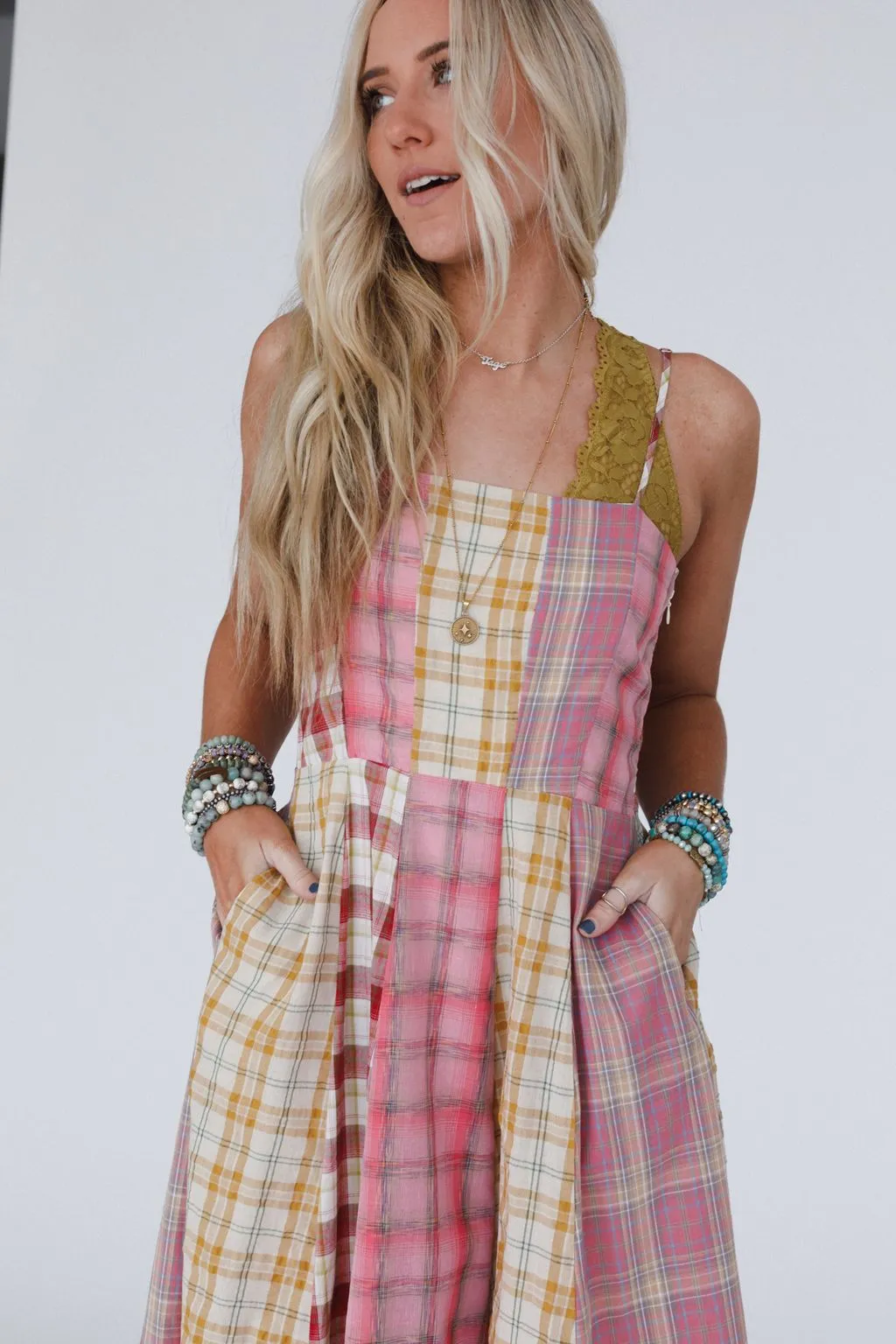 Western Charm Checkered Dress - Pink
