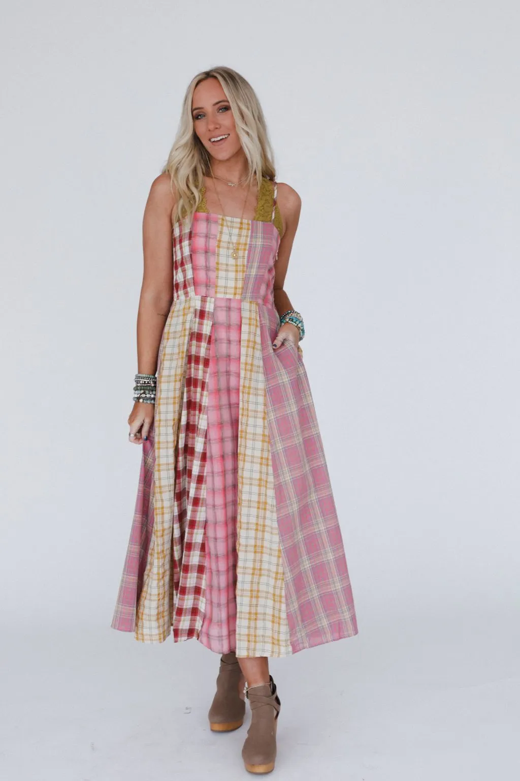 Western Charm Checkered Dress - Pink