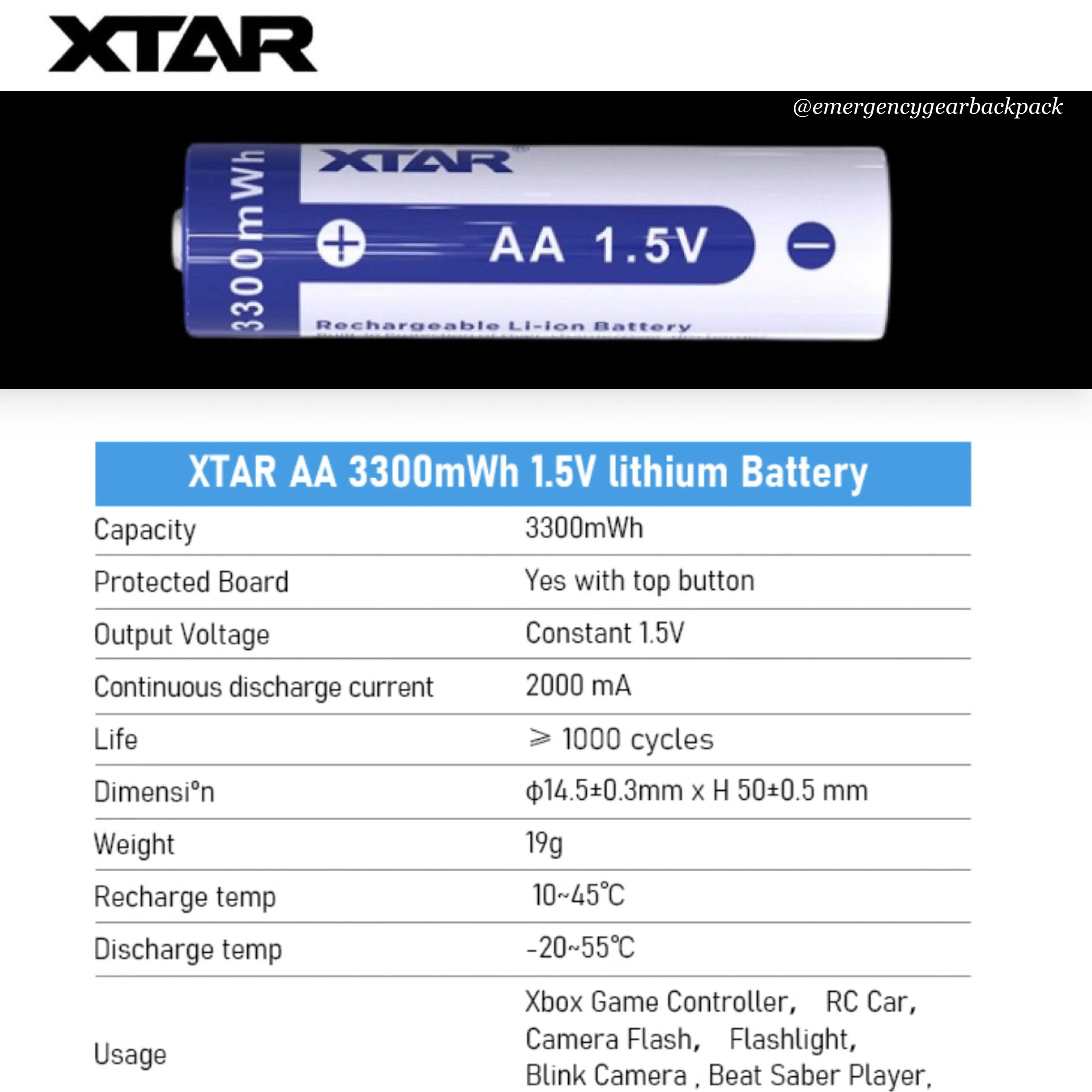 XTAR 1.5V Li-ion Battery AA 3300mWh/2000mAh (Pack 4)